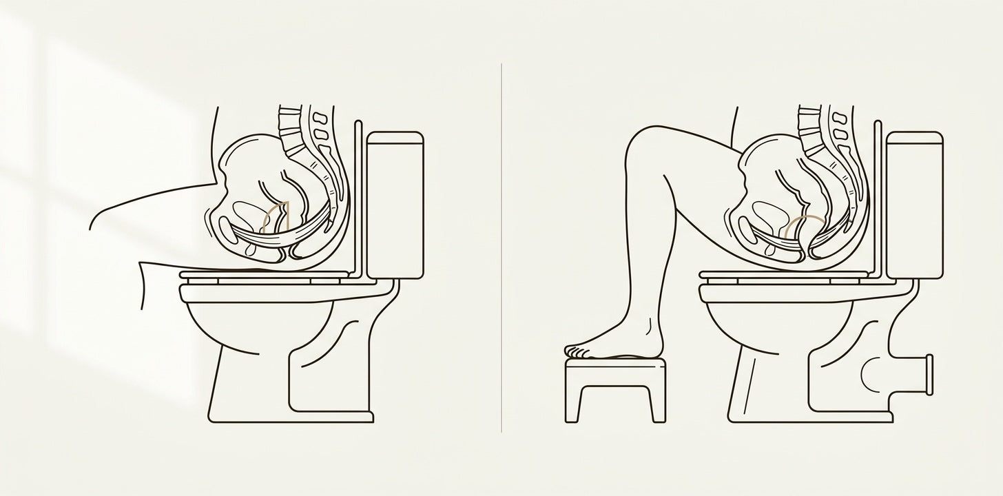 Anatomical diagram: sitting (~85 degree anorectal angle) vs squatting (~105 degrees)