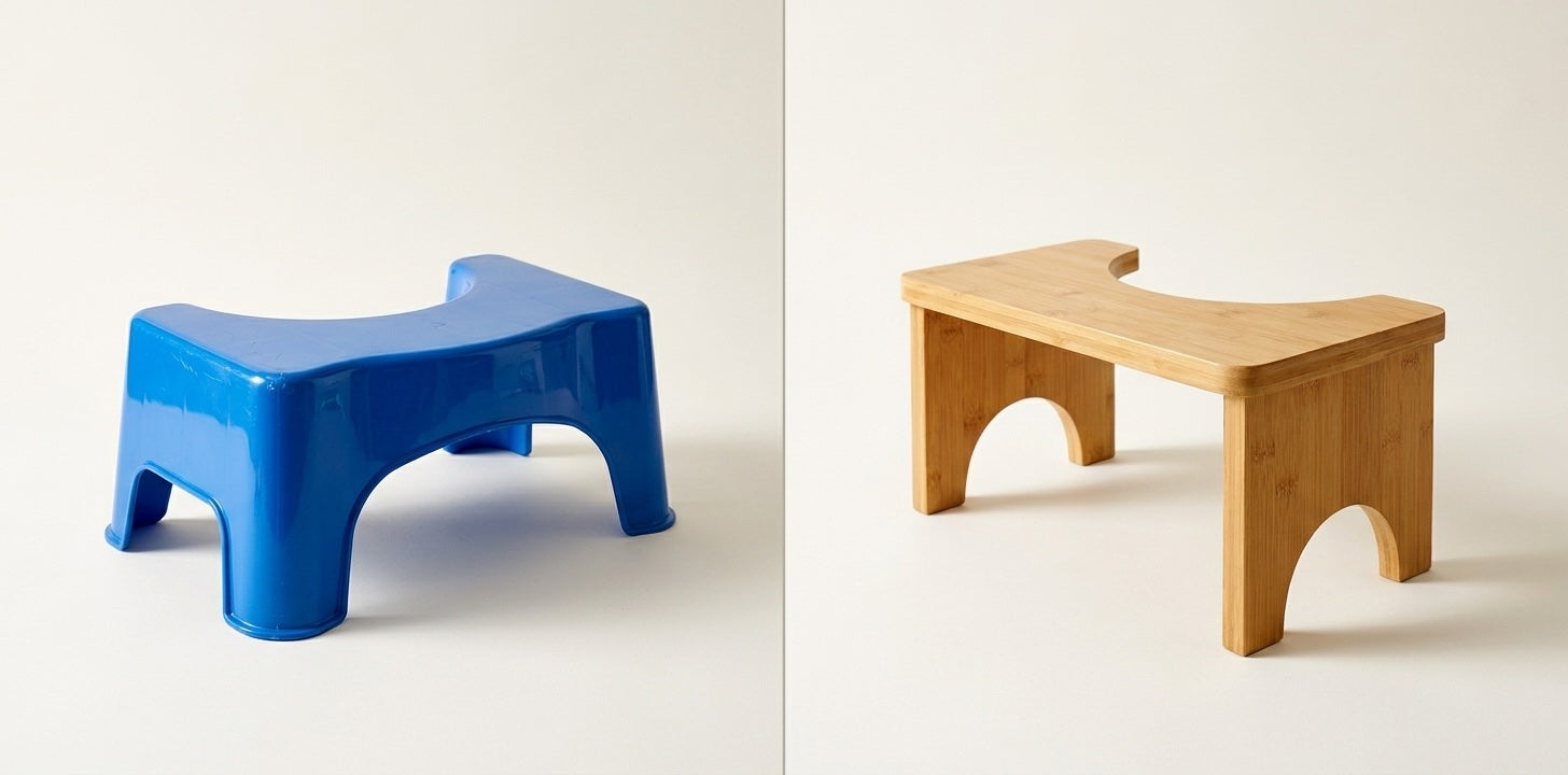 A plastic toilet stool on the left, a Posa bamboo stool on the right